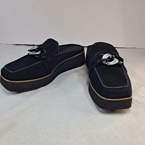 Naked Feet Elect Mules Womens Size 11M Black Suede Platform Loafers Chain Accent